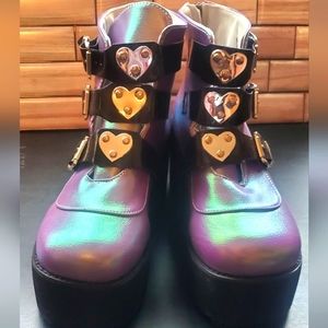 Purple Irradescent Chunky Boots with Black Straps & Metal Heart Decor Size 7